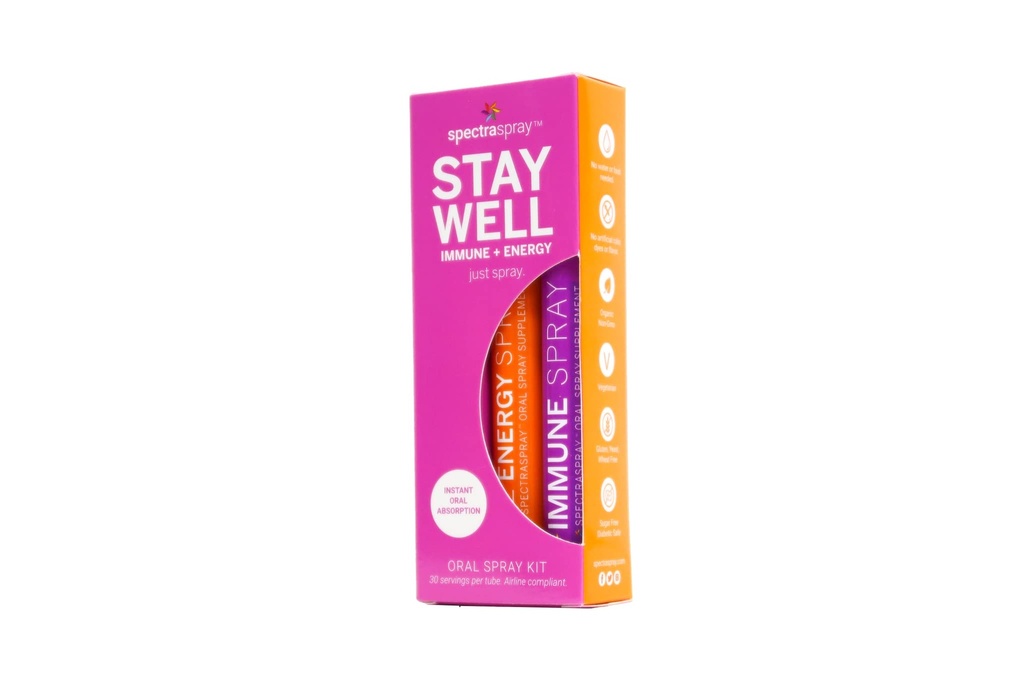 Spectraspray Travel Wellness Stay Well Kit - Imune Support & B12 Vitamin Oral Spray Rapid Immunity Boost & Active Form of B12 for Recovery & Energy, Vegan & Gluten Free, 30 Day Supply per Spray