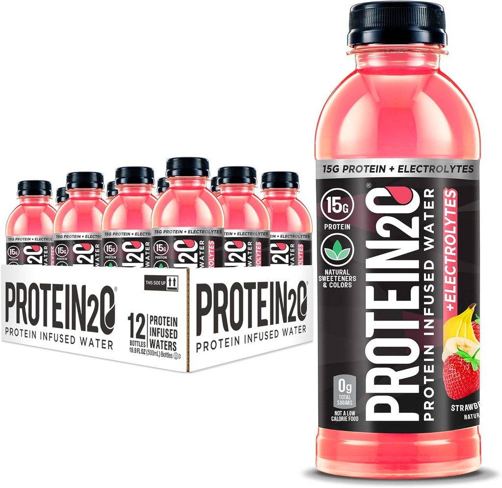 Protein 2o + Electrolytes, Protein Calorie Rendah Menimbulkan Air, 15g Whey Protein Isolasi, Strawberry Banana, 16.91 lf oz (pak 12)