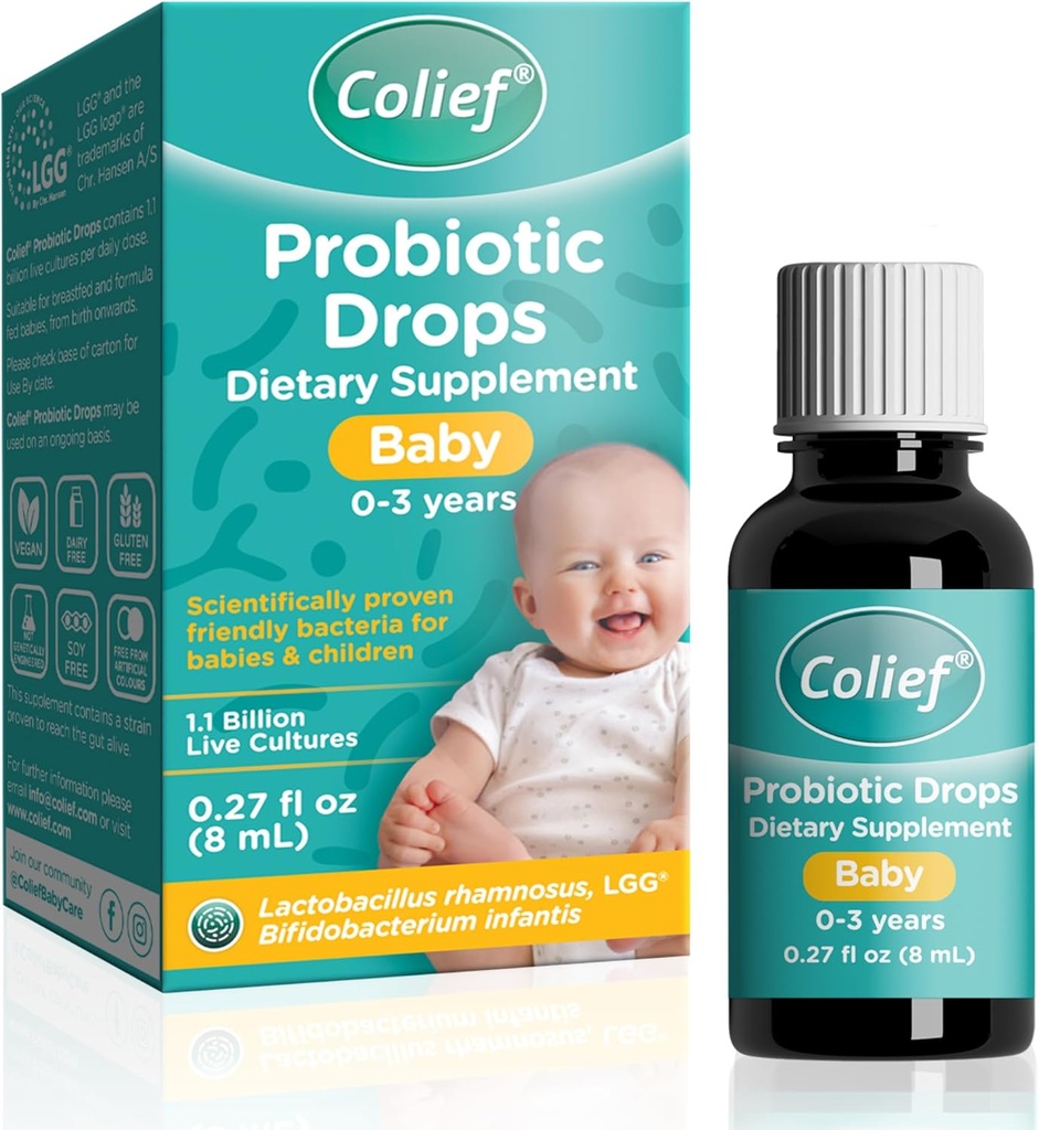 Colief Probiotic Drops Baby Avernium 124; 1.1 Milyar Live Cultures 12.4; Lacrosillus Rhamnosus & Bifidobacterium Infantius Inferius; Diterima dari Birth 124; Ilmilarly Proven Friendly Bakteria 124; 0.27 Fl Oz