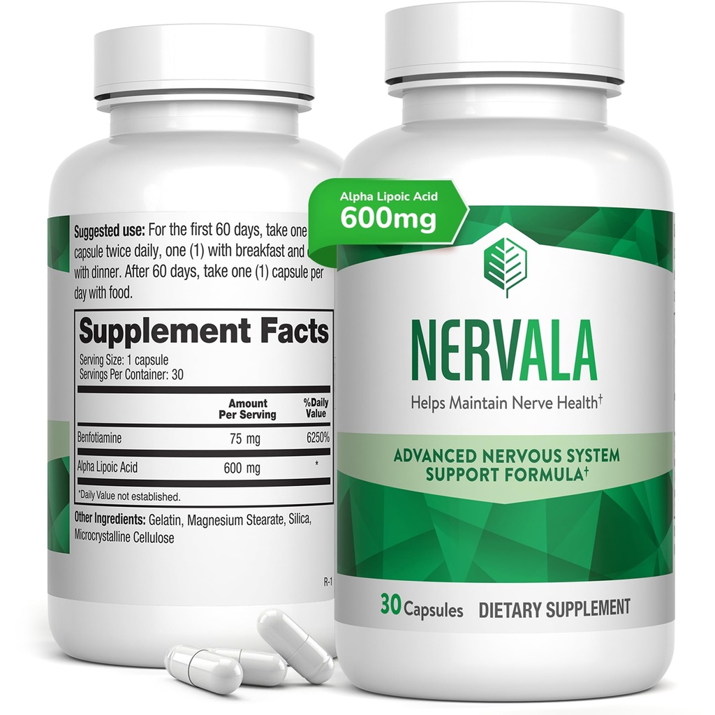 Nervala - Alpha Lipoic Acid 600mg - ALA Tambahan Antioksidan untuk Nerve, Energy & Circulation Support - Ekstra Kekuatan dengan Benfotiamine - Dibuat di USA, Lab Test - 30 Kapsul, 1 Bulan Supply