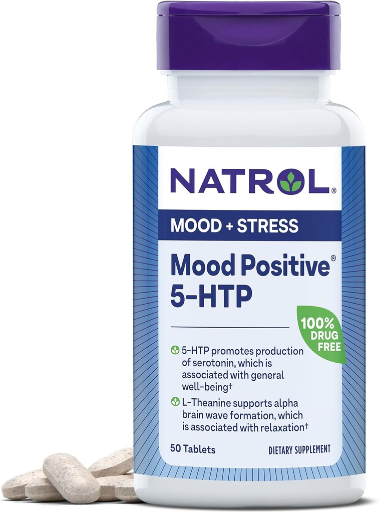 Natrol Mood Positive 5- HTP and L- Theanine for Balanced Mood and Relaxation, 50 tablet, Up to a 50 Day Suppply
