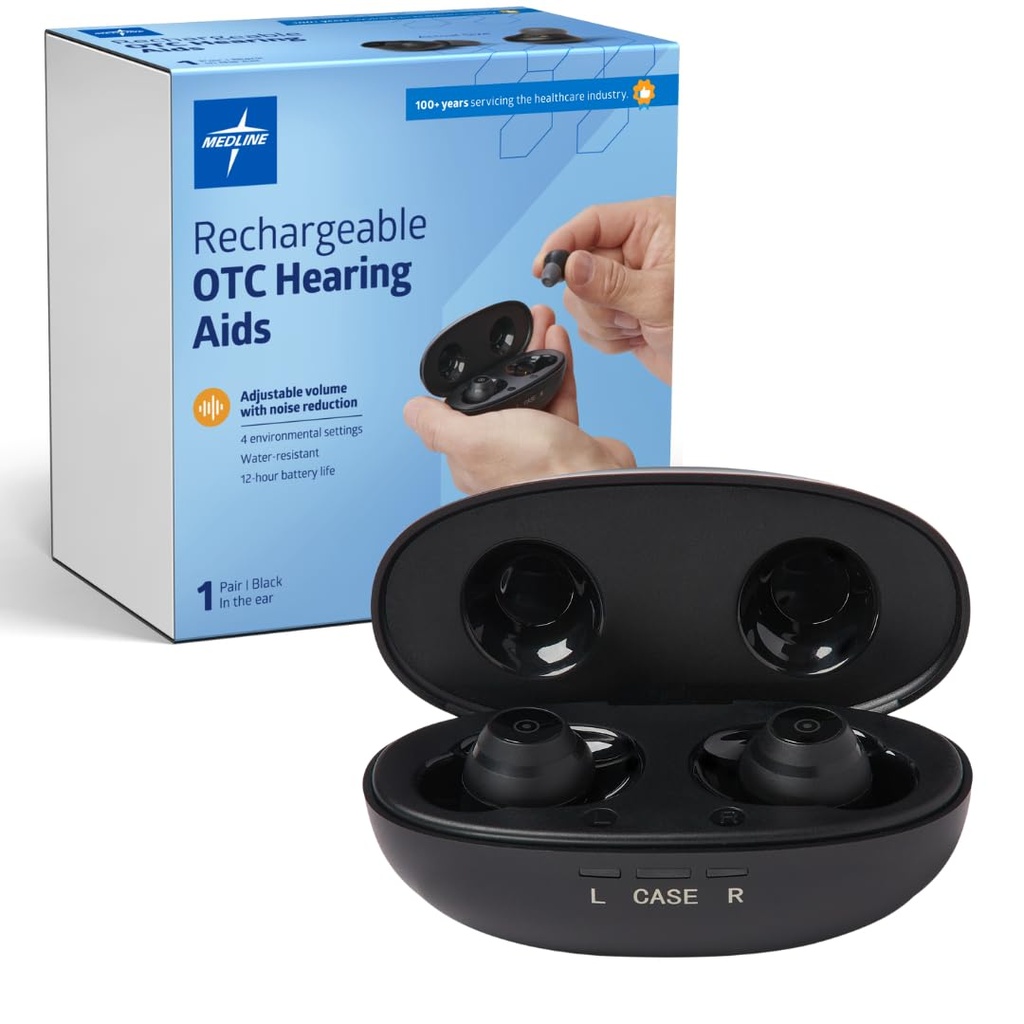 Medline Rechargable OTC Hearing Aids, Black, in- The- Ear, 4 Pengaturan Lingkungan, Resistan Air, Volume Adjustable, Mild untuk Moderate Mendengar Los, Noise Reduction, Earbud Heids