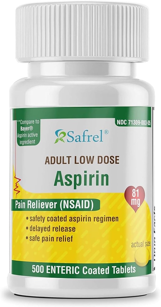 Safrel Generic Bayer Baby Aspirin 81 mg (500 Enteric Coated Tablet) Aver4; Dose Low Energy Reliever (NSAID) for Minor Aches 124; Value Pack