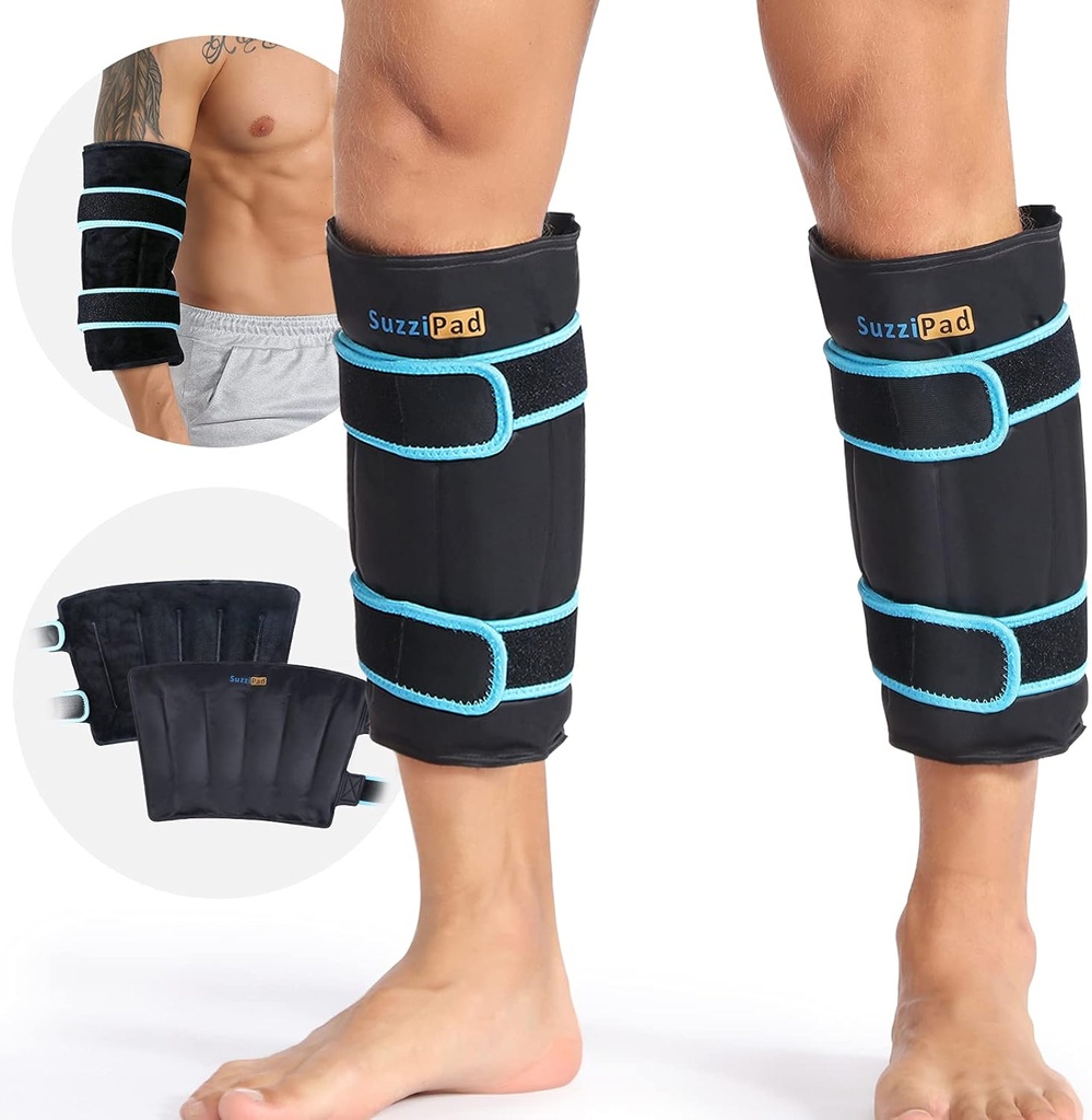 SuzziPad 360 ° Cold Pack for Calf, Shin, Arm & Elbow - Ice Wrap with Dual-Cover Design, Adjustable Velcro Straps, Leakproof & Reconpress Cold Compress for Post-Workout (2 Packs), Black