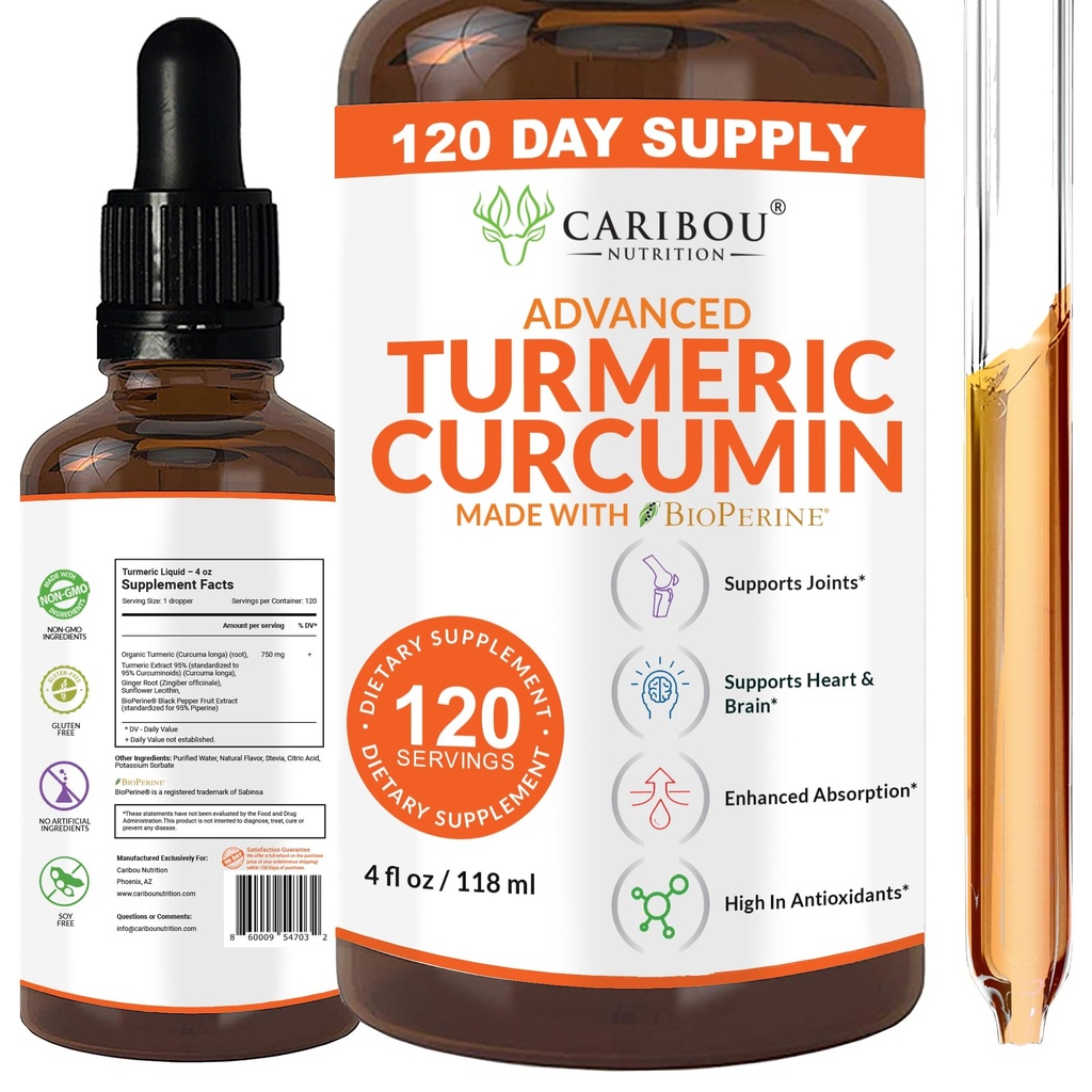 Cair Turmeric Curcumin dengan Bioperin untuk Enhanced Absorpsi - Turmeric Curcumin Suplemen untuk Dukungan Gabungan - Turmeric Ekstrak dengan Pepper Hitam - 2 Pasokan Bulan - 4oz