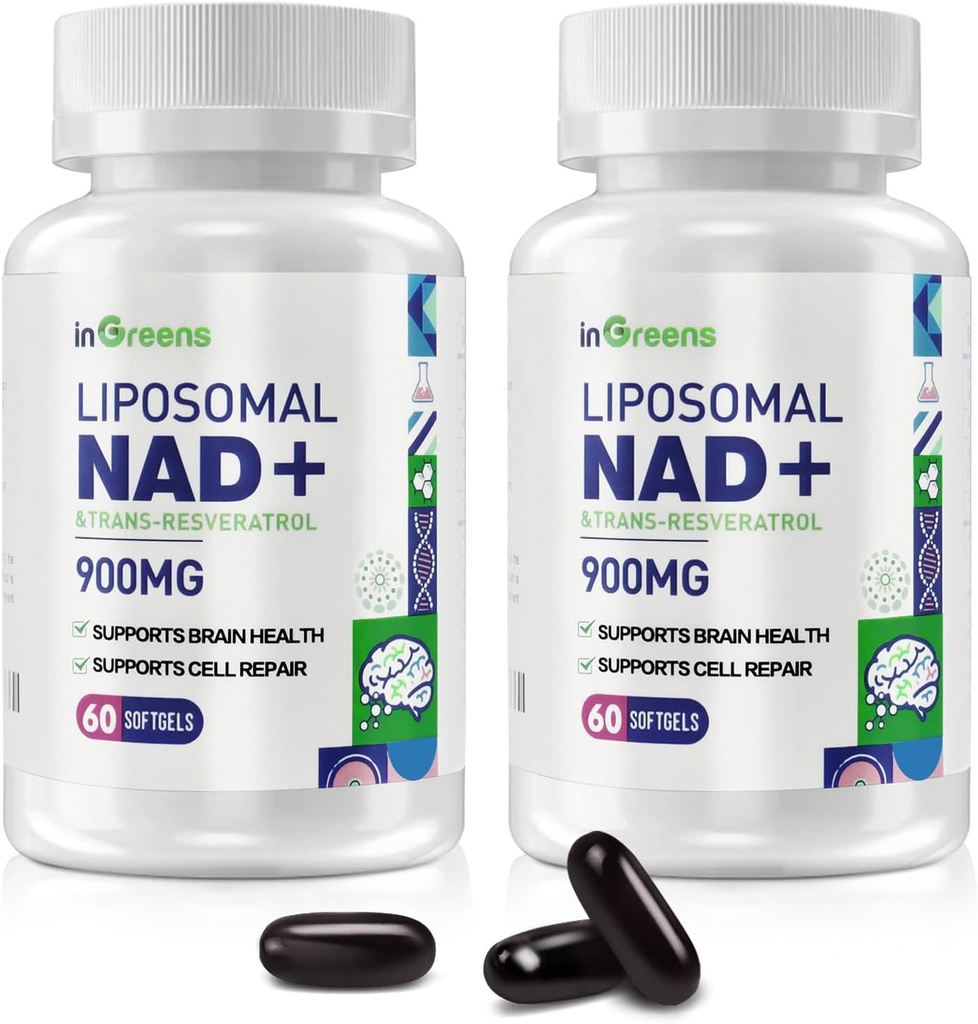 900 mg Liposal NAD + Tambahan dengan Trans Resveratrol 300 mg, menggantikan NMN, Penyerangan Superior, Penyesuaian NAD Plus True Tambahan untuk Perbaikan DNA dan Boost NAD +, Aging Pertahanan, Energi, 120 Softgels, 2 Pack