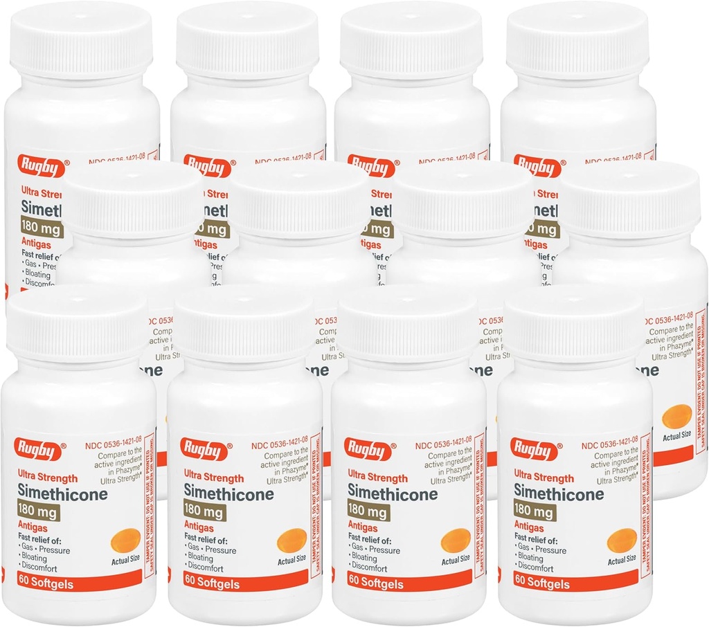 Rugby Ultra Power Simethacon Gas Relief 180 mg - Maximum Gas Relief untuk Dewasa - May Help with Sympories of Flatulence, Bloating, Gas Fullness - 60 Softgels (12 Pack)