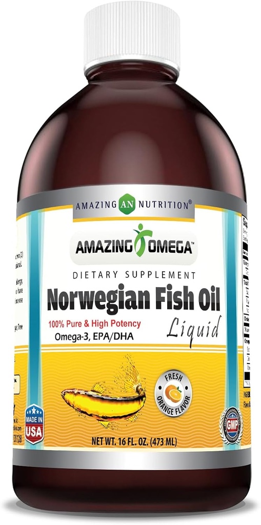 Amazing Omega Norwegia Minyak Ikan 16 Oz Tambahan 124; 1625mg Omega -3s, DHA, EPA per Serving 124; Segar Orange Flavor 124; Non-GMO 124; Gluten Bebas