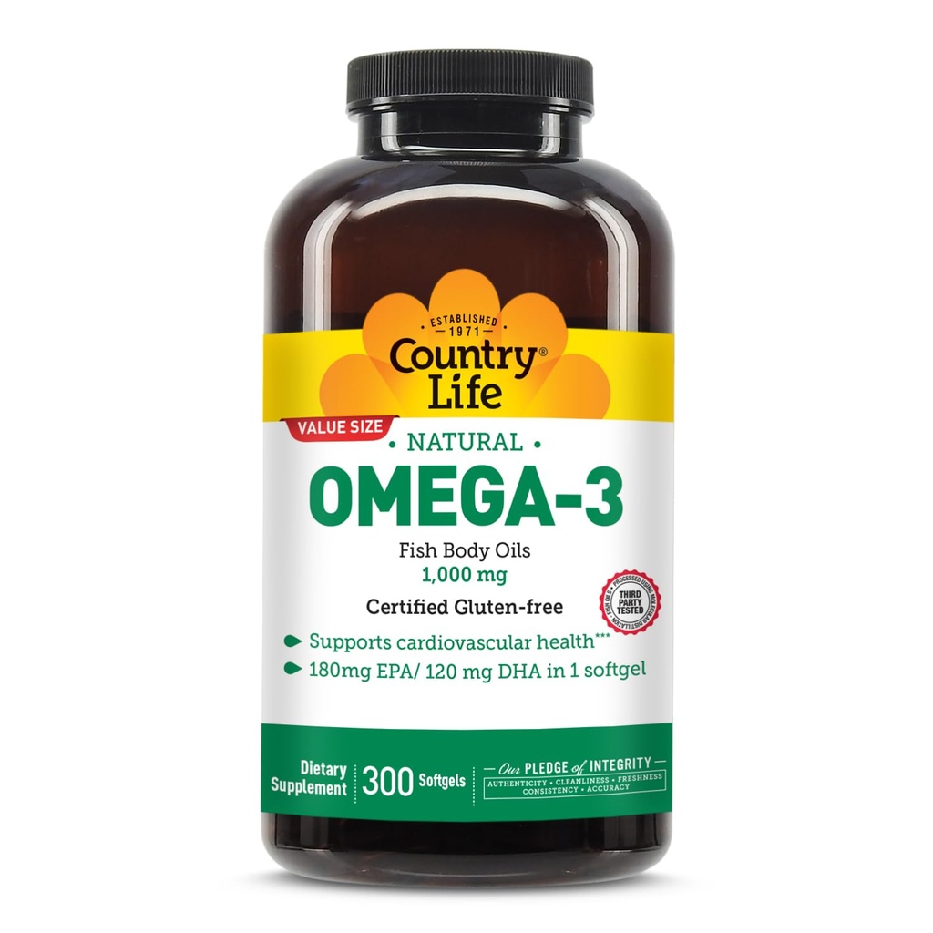 Country Life Omega-3 Fish Oil Suplement, 1000mg, 180mg EPA & 120mg DHA, Fish Oil Konsentrat, Burpless, 300 Softgels, Cerdened Gluten Free