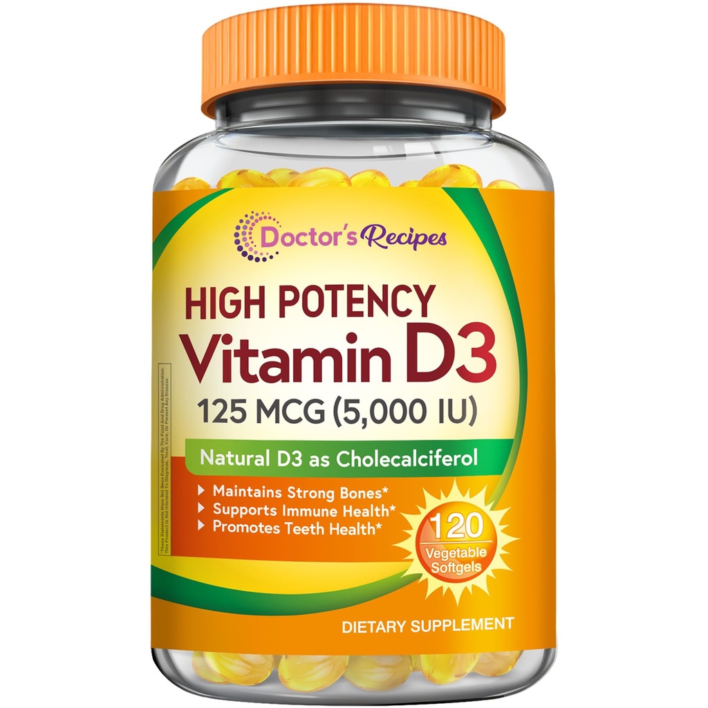 Dokter apos; s Recipes Vitamin D3 5000IU, Imune Dukungan untuk Bones, Teeth, dan Immune Fungsi, Non-GMO, No Gelatin, Gluten atau Soy, 120 Vegetarian Softgels
