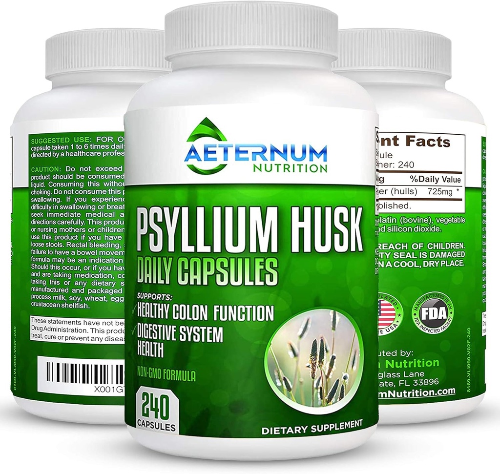 Aeternum Psyllium Husk Caps AS Made - Premium All Natural Fiber Suplemen - 240 Husk Powsules 725 Mg per Serving, Supports Heally Digeatly System - All Natural 100% Soluble