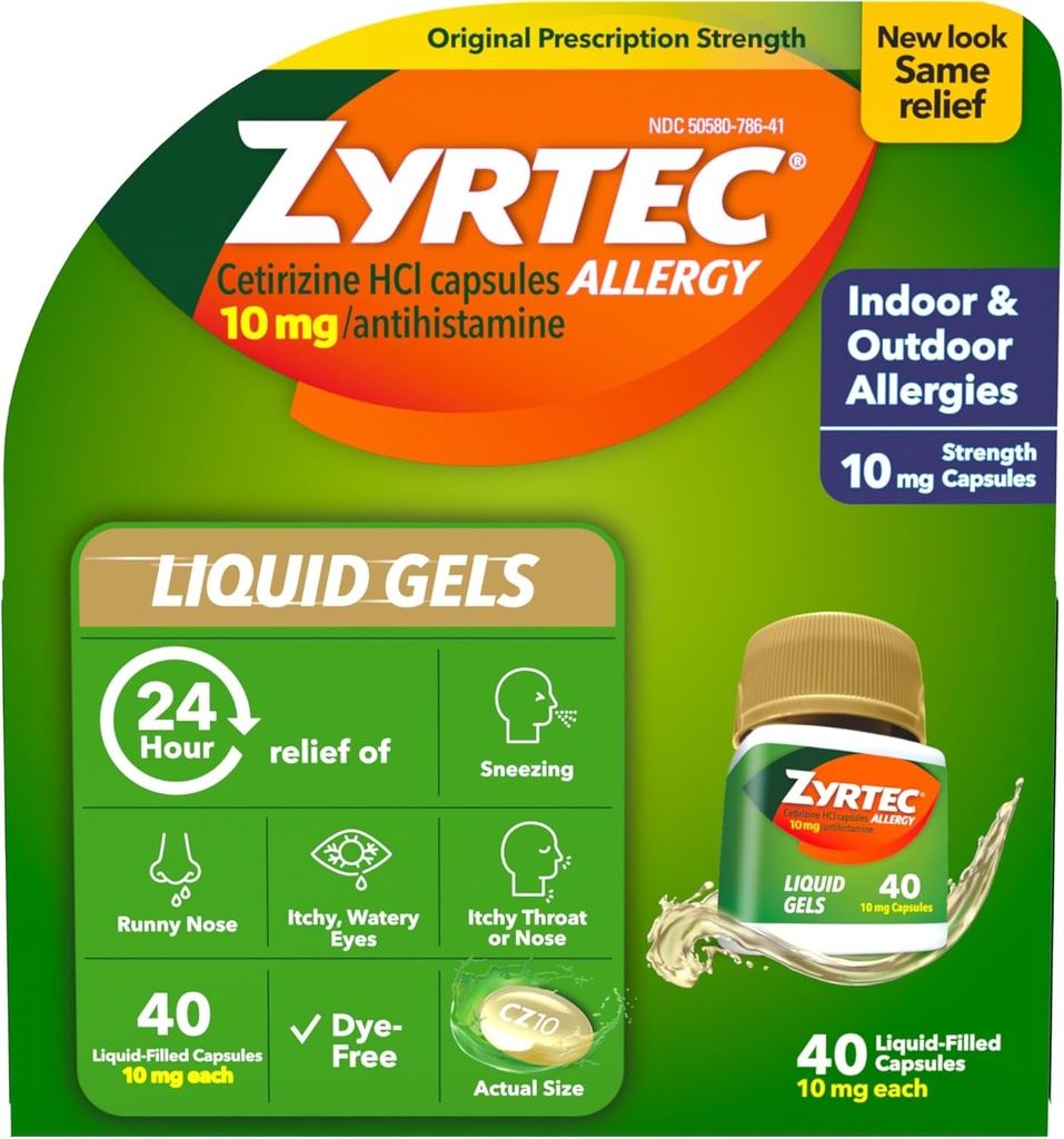 Zyrtec 24 Hour Relief Liquid Gels, Antihistamin Capsules dengan Cetirizine HCI Medicine for All-Day Relief from Runny Nose, Sneezing, Itchy Eyes & More, 40 Count