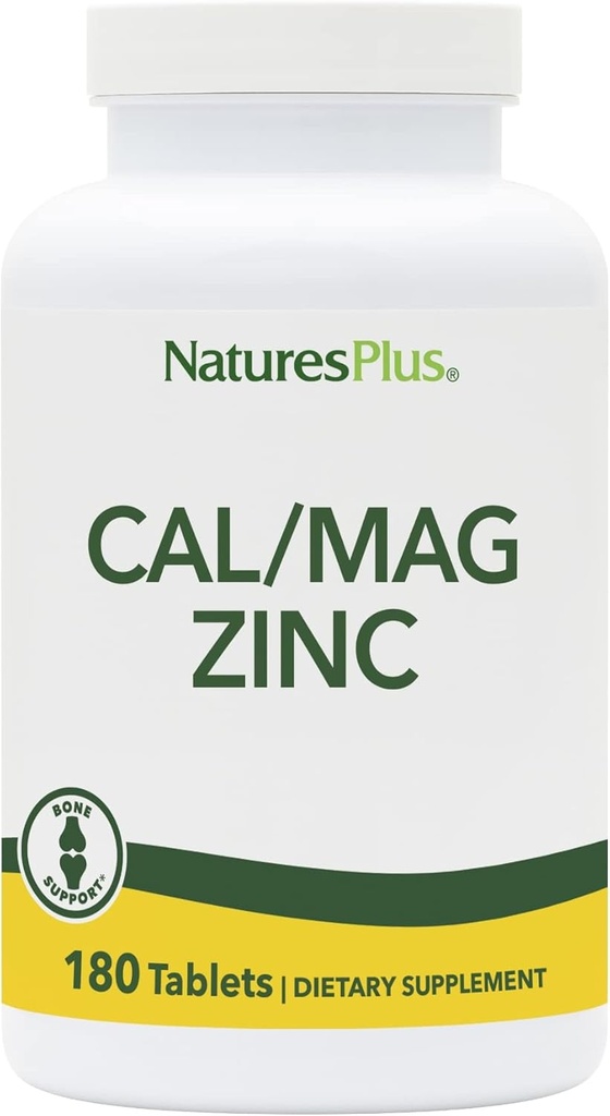 NaturesPlus Cal / Mag / Zinc - 1.000 mg Kalsium, 500 mg Magnesium, 75 mg Zinc - 180 tablet Vegetarian - Suplemen Multi Mineral, Support Bone, Heart & Imune Kesehatan - Gluten- Free - 45
