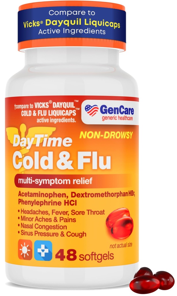GenCare - Multi Symptom Non Drowsy Daytime Dingin & Flu Relief Acetaminophen 325mg, Dextromethorphan HBr 10mg, Phenylephrine HCl 5mg (48 Softgeels) Non Habit Forming Pain Reliever & Nasal Decongestan