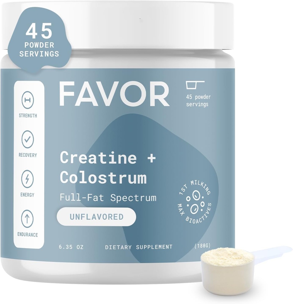 Favor Creatine and Bovine Colostrum Powder - Creatine Monohydrate Cow Colostrum Suplement, High Immunoglobulin IG, Power, Muscle Recovery and Gut Health for Men and Women, 45 Servings, Unflamited