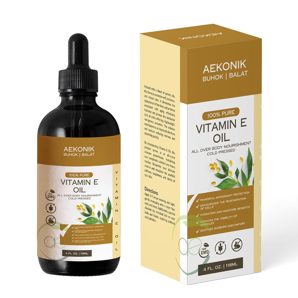 Organik Vitamin E Oil - Escale Pure Vitamin E Oil For Body Care and Skin Care - 4-Oz Bottle for Dry Skin, Wrinks, Stretch Marks, Acne & Anti- Aging