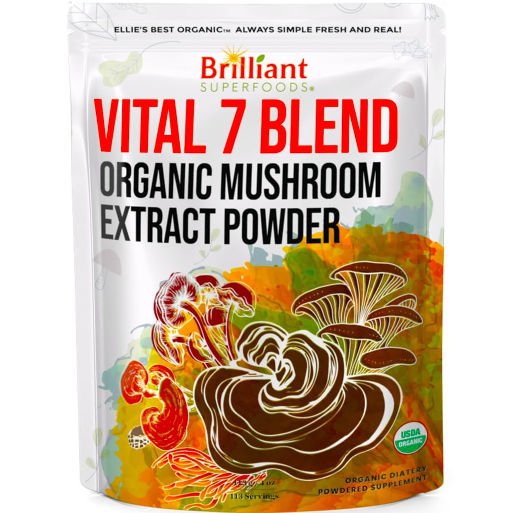 Eth 7 Mushroom Powder Extract Blend Explement Organic 114 Service Tinggi Potency Extracted Cordyceps, Reishi, Turkey Tail, Chaga, Lion 's Mane - 4oz