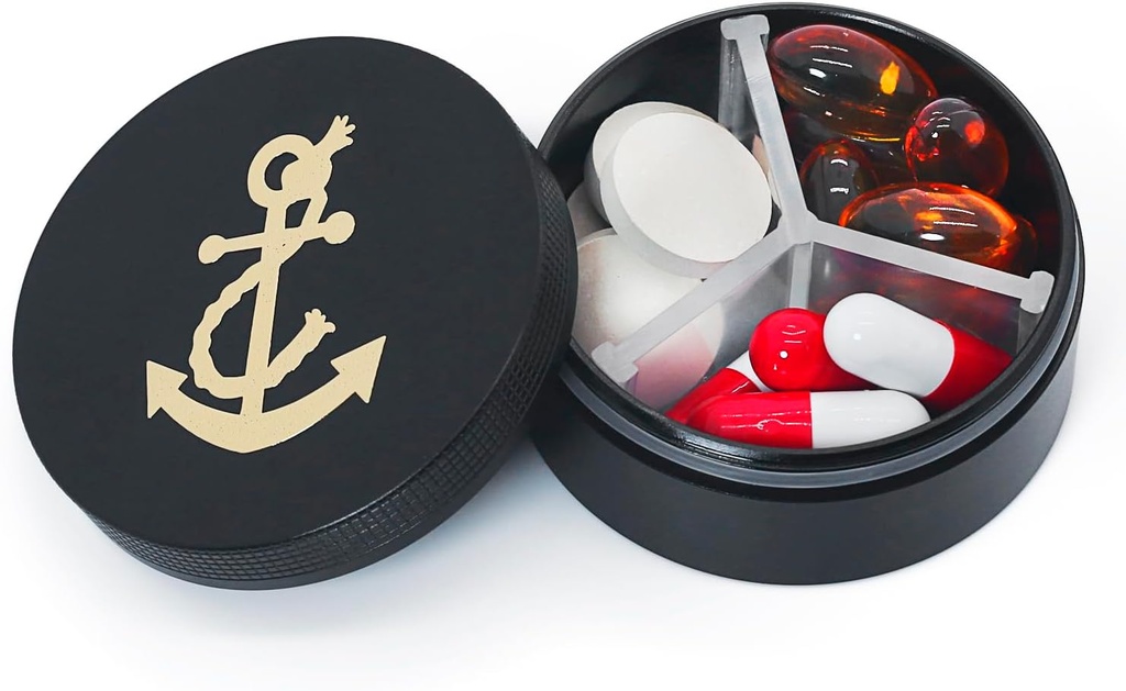 Kompartemen Kasus Pil Kecil 3, Metal Round Portable Pill Box, Travel Pill Organizer, Pocket Purse Medicine Vitamin Hoder EDC Container (Hitam dengan Anchor)