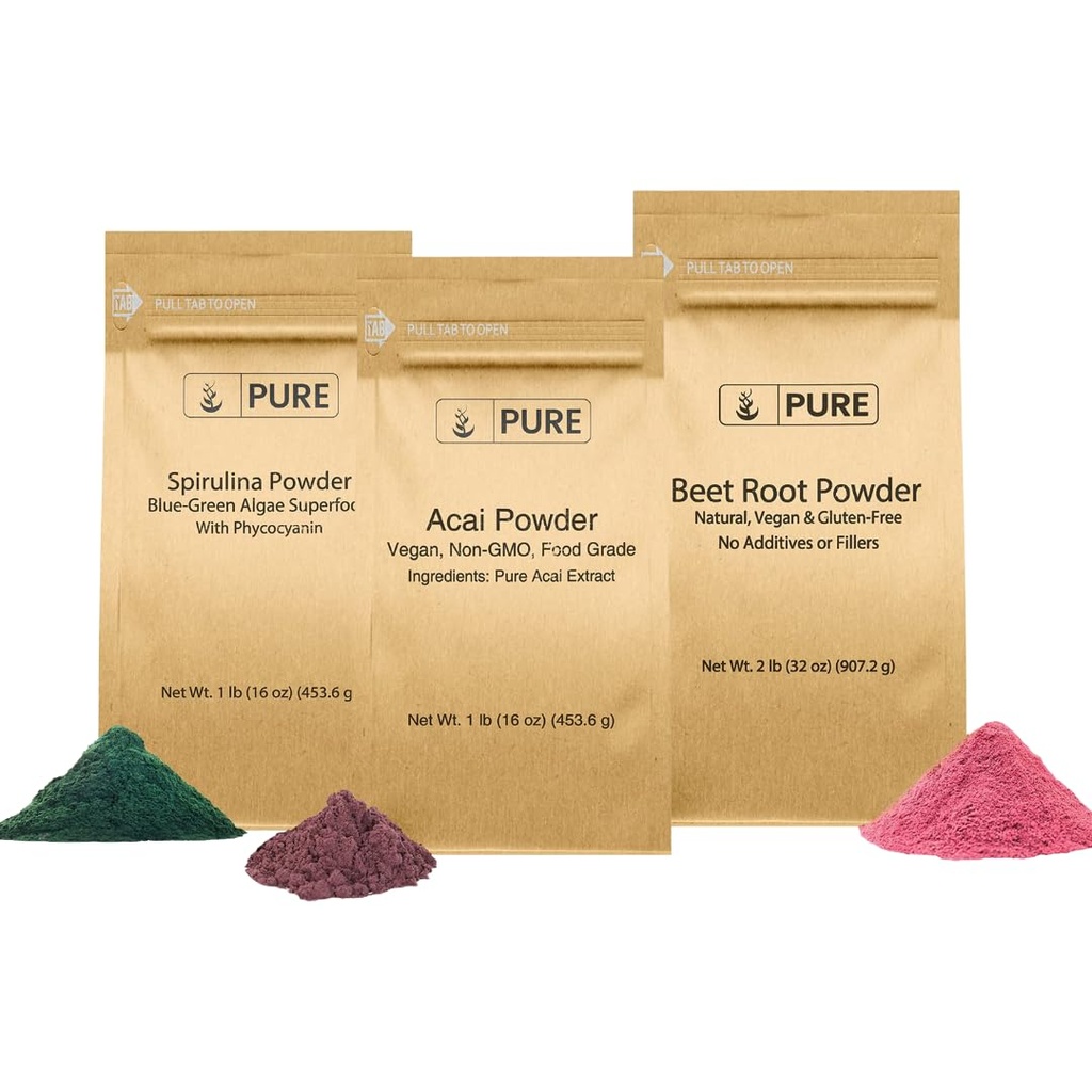 PURE ORIGINAL INGREDIENTS Beet Root, Spirulina, dan Acai Powder Bundle, Berbagai Sizes, Non GMO, Suplemen Herbal