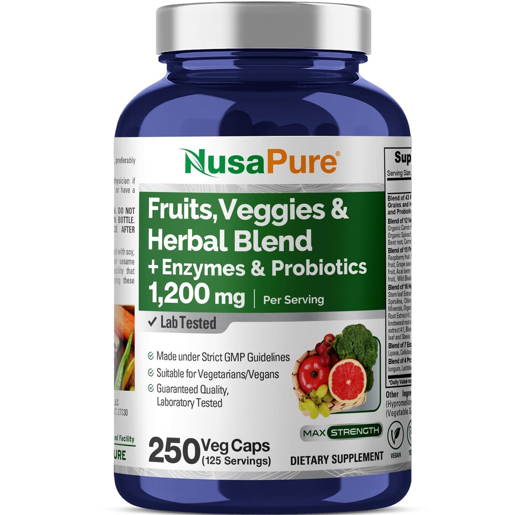 NusaPure 43 Buah dan Veggies Herbal Blend, 11 Enzymes & Propoles, 1200 mg, 250 Veggie Capsules (Non-GMO, Vegan)