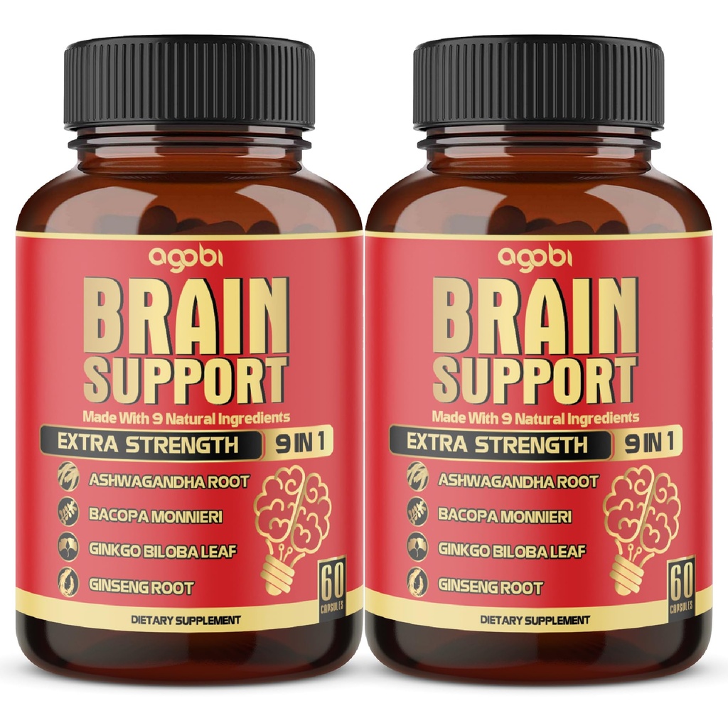 agobi 9in1 Dukungan Otak Suplemen - 2 Packs 60 Counts Blended Ashwagandha, Panax Ginseng, Gotu Kola, Ginkgo, Black Pepper & More - Accuracy, Focus, Memory & Energy Produksi Dukungan