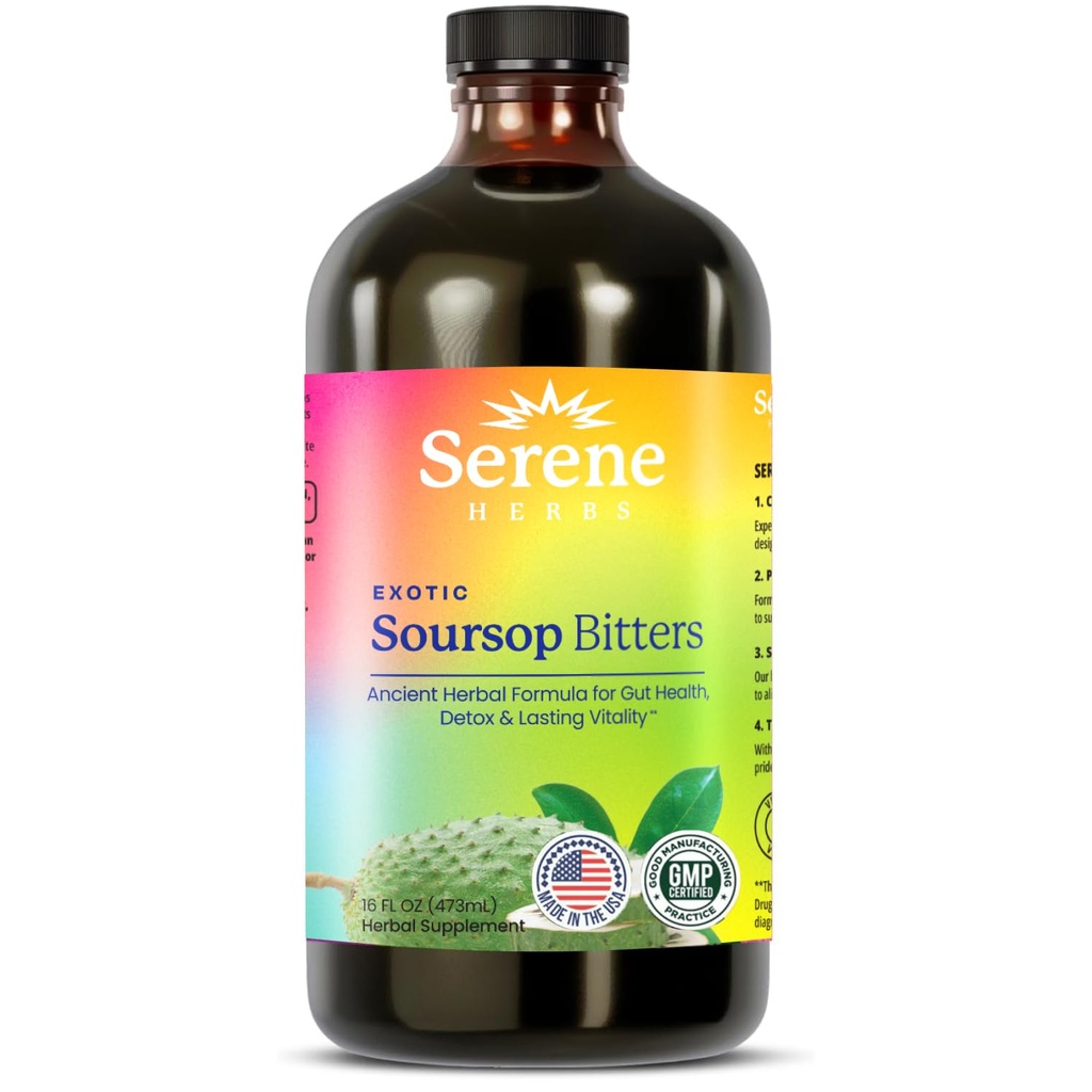 Serene Herbs - Soursop Bitters Liquid - Organic Herbal Guanabana Detox dengan Benih Hitam, Moringa & Ginger - Supports Digetical Wellness & Imune Fungsi