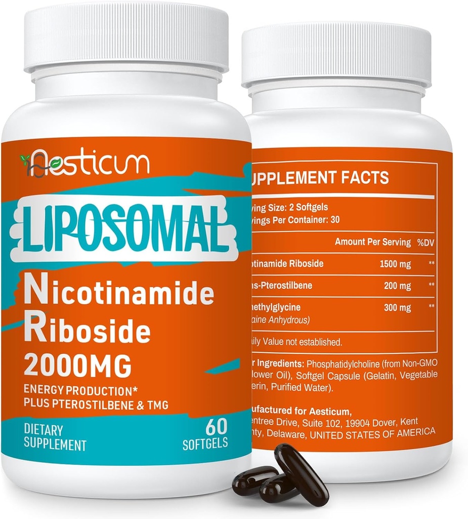 2000 MG Liposomal Nicotinamide Riboside Superide Superide with TMG & Pterotilbene, High Bioavability NAD + Boosting Superior to Niacinamide for Energy, Immunity, Age Resistance, 120 Softgeels
