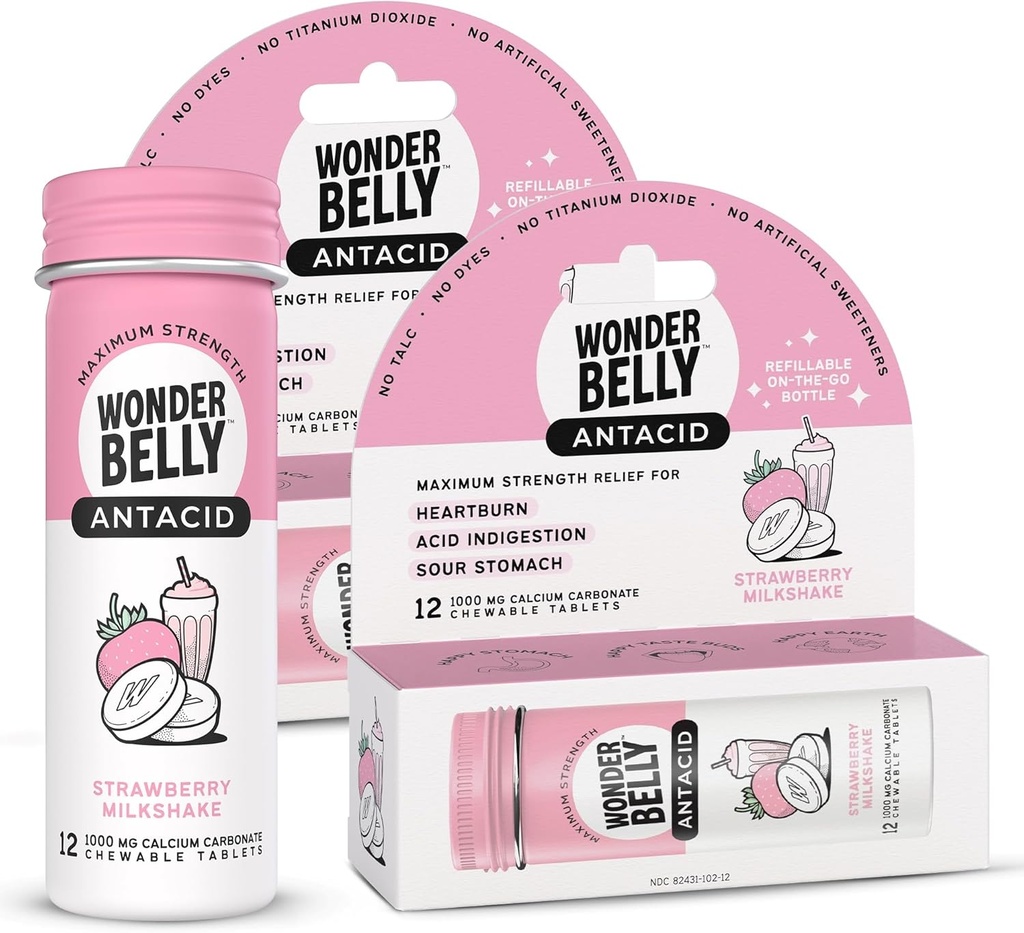 Wonderbelly Antax, Effective Heartburn & Instant Acid Intervention Relief, Travel Size Extrable Power Tablets, 1000 mg Calcium Carbonate, Strawberry Milkshake, 12 Count (Pack of 2)