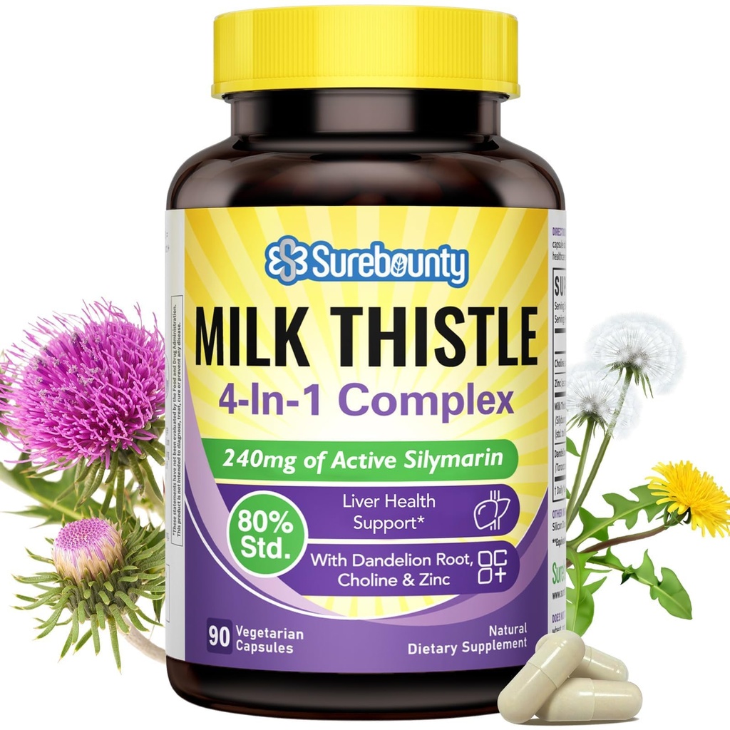 4 in-1 Milk Thistle Complex for Men & Women, Milk Thistle Extract with 240mg of Active Silymarin, 80% cH00ffff, dengan Dandelion, Choline, Zinc, Liver Detox & Repair, Non-GMO, Once Daily, 90 Vevgie Caps