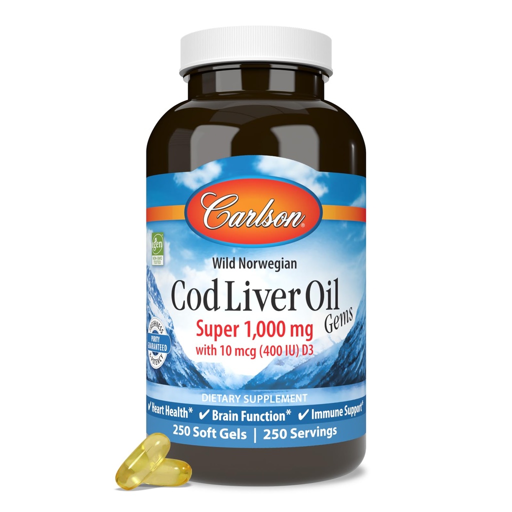 Carlson - Cod Liver Oil Gems, Super 1000 mg, 250 mg Omega- 3s, 400 IU (10 mcg) Vitamin D3, Wild Caught Norwegia Car Liver Oil, Nordic Fish Oil Capsules, 250 Softgeels