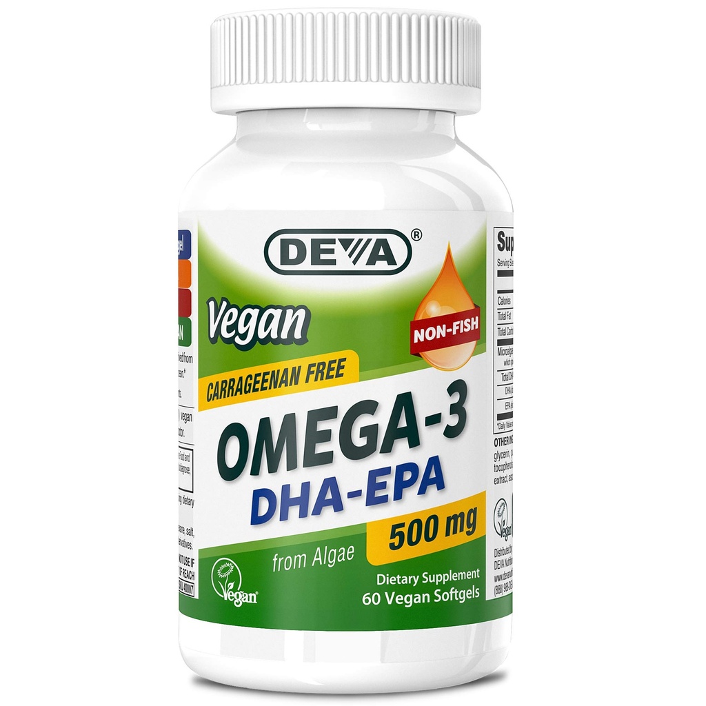 DEVA Vegan Omega-3 DHA-EPA 500MG - Tidak Carrageenan, Non-Fish Oil Derived dari Algae, Non- GMO, 60 Glatin- Free Softgelels