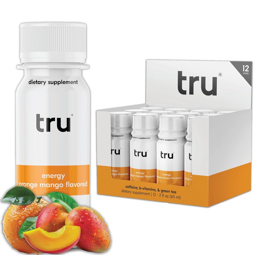 Tru Energy Shot, Ekstra Energi Minum dengan Kafein Natural, Teh Hijau, B Vitamin B3, B6 & Vitamin B12, Nol Gula & Kalori, Keto, Vegan, Gluten Bebas, Orange Mangga, 2 FL OZ Botol, 12 Paket