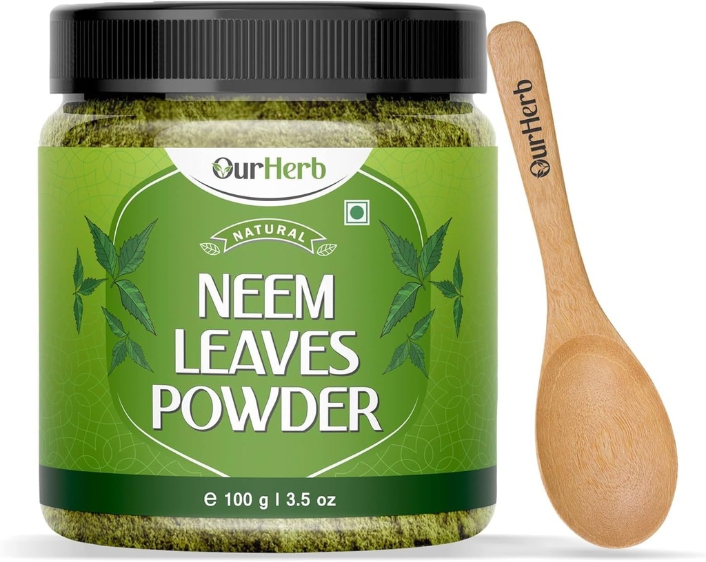 Neem Leaves Powder Natural Solution for Pimplement - Free Clear Skin Hair, Ideal for Face Packs, Hair Care, and Pigmentation Support with Wooden Spoon - 100g 124; 3.5 Oz