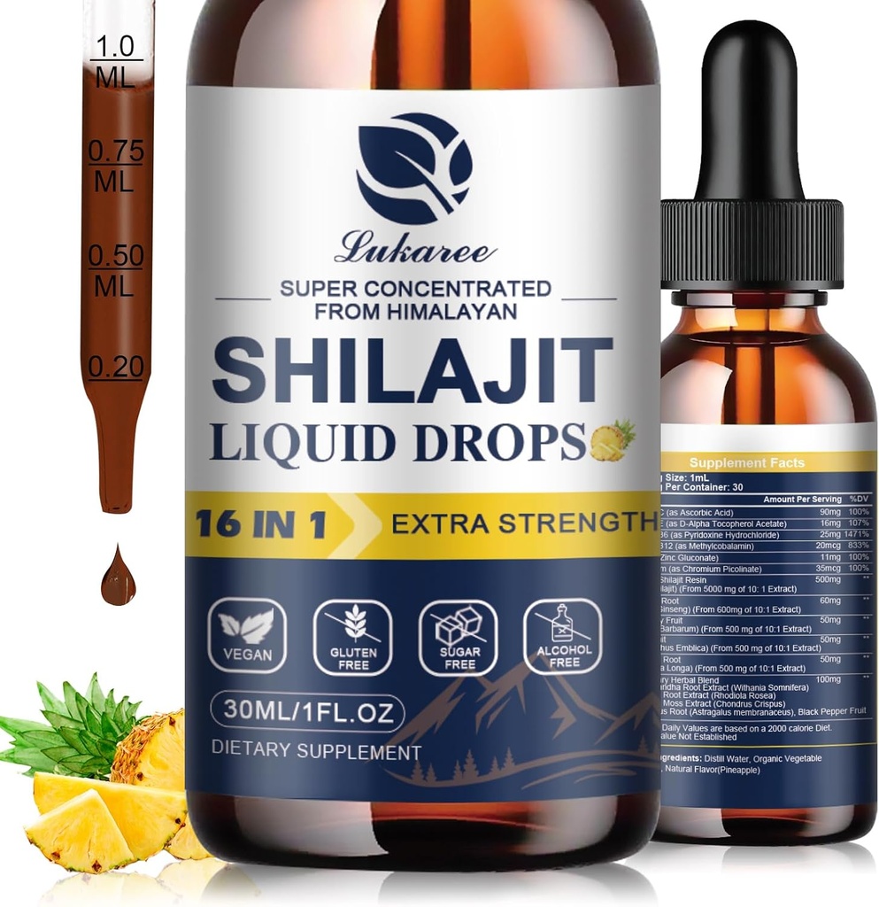 16 pada 1 Shilajit Resin Cair Drop, Shilajit W / Ginseng, Turmeric, Rhodiola, Wolfberry, Amla & Vitamin, Shilajit Suplemen Pria & Perempuan dengan 85 + Trace Mineral & Fulvic Acid, 1 Fl Oz