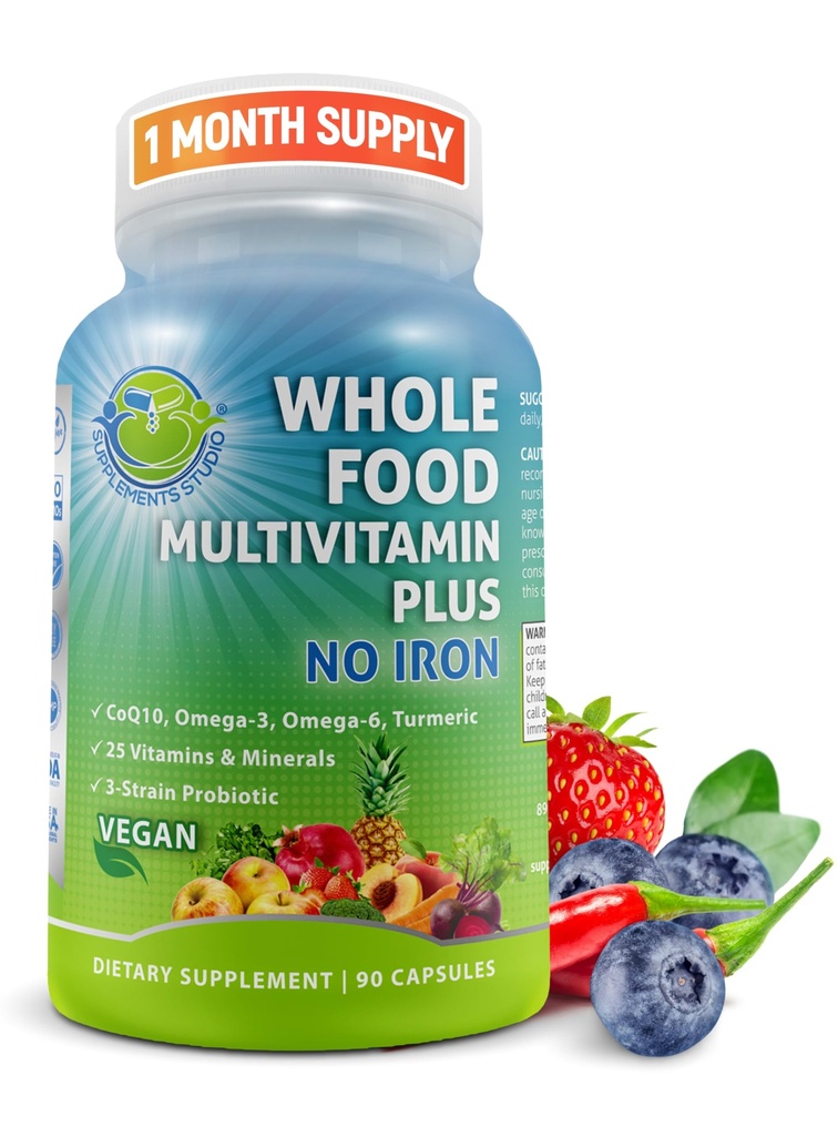 Vegan Whole Food Daily Multivitamin Without Iron, Methylated Multivitamin for Women and Men, Made with Fruits & Vegetables, B-Complex, Propines, Enzymes, CoQ10, Omegas, Turmeric, Non-GMO, 90 Count