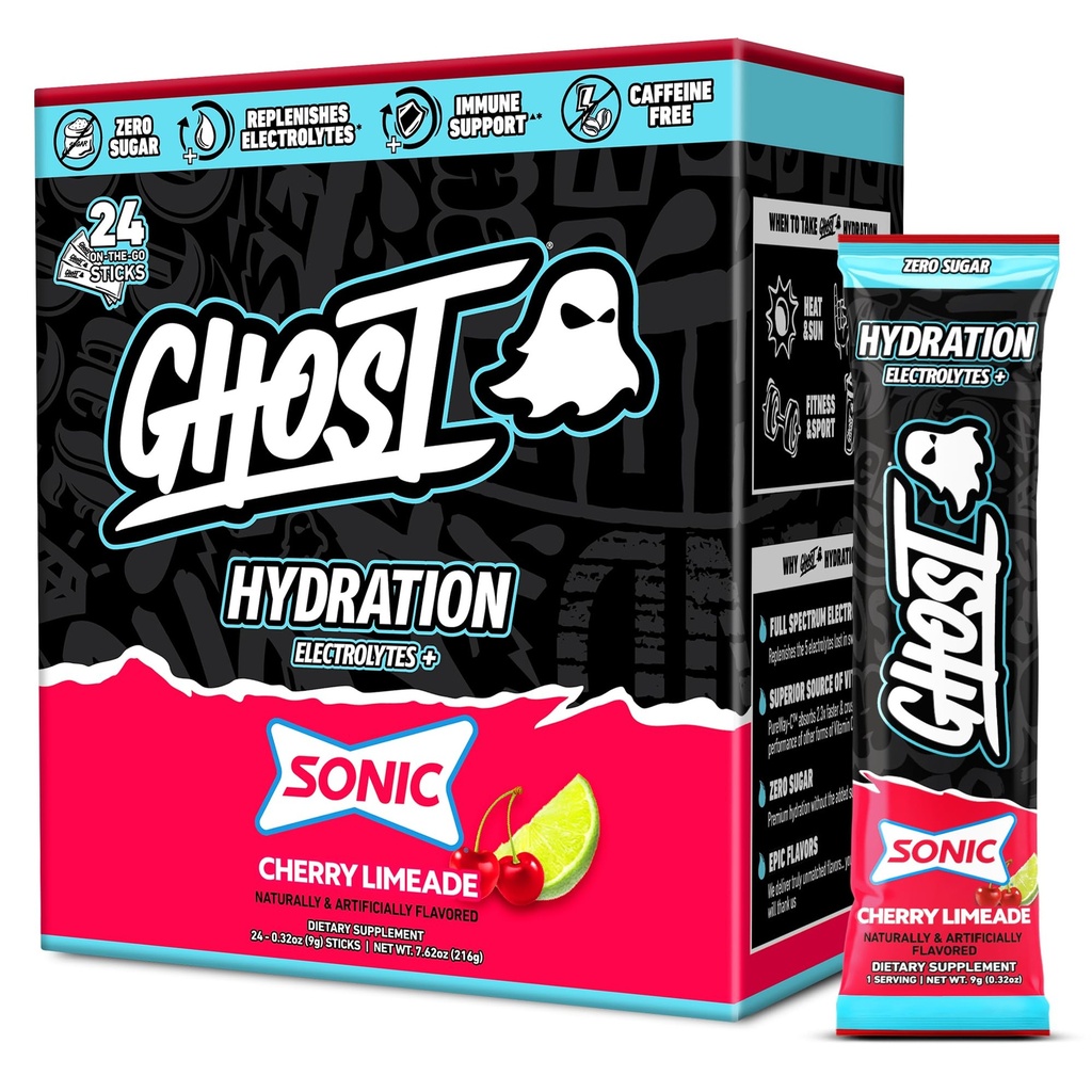 Paket Hidration GHOST, Sonic Cherry Limeade, 24 Sticks, Electrolite Powder - Drink Mix Suplemen Magnesium, Potusium, Kalsium, Vitamin C - Vegan Frid, Bebas Soy, Sugar & Gluten
