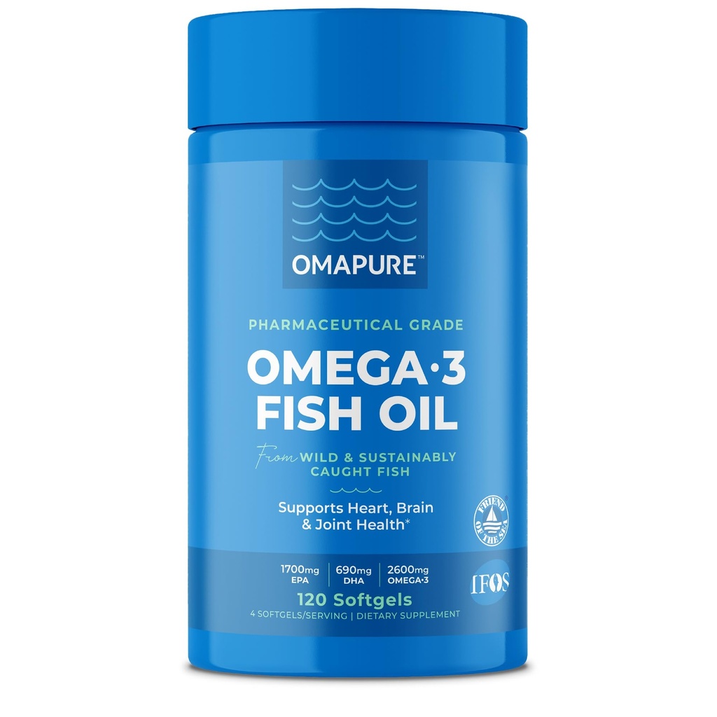 Tambahan OMAPURE Oil Oil Omega 3 Fatty Acids (1 Bottle, 120 Softgels) - EPA Tinggi, DHA, & IFOS Pil Minyak Ikan Dukungan Hati & Gabungan Kesehatan - Pemroses Minyak Ikan Bupless Fungsi Otak