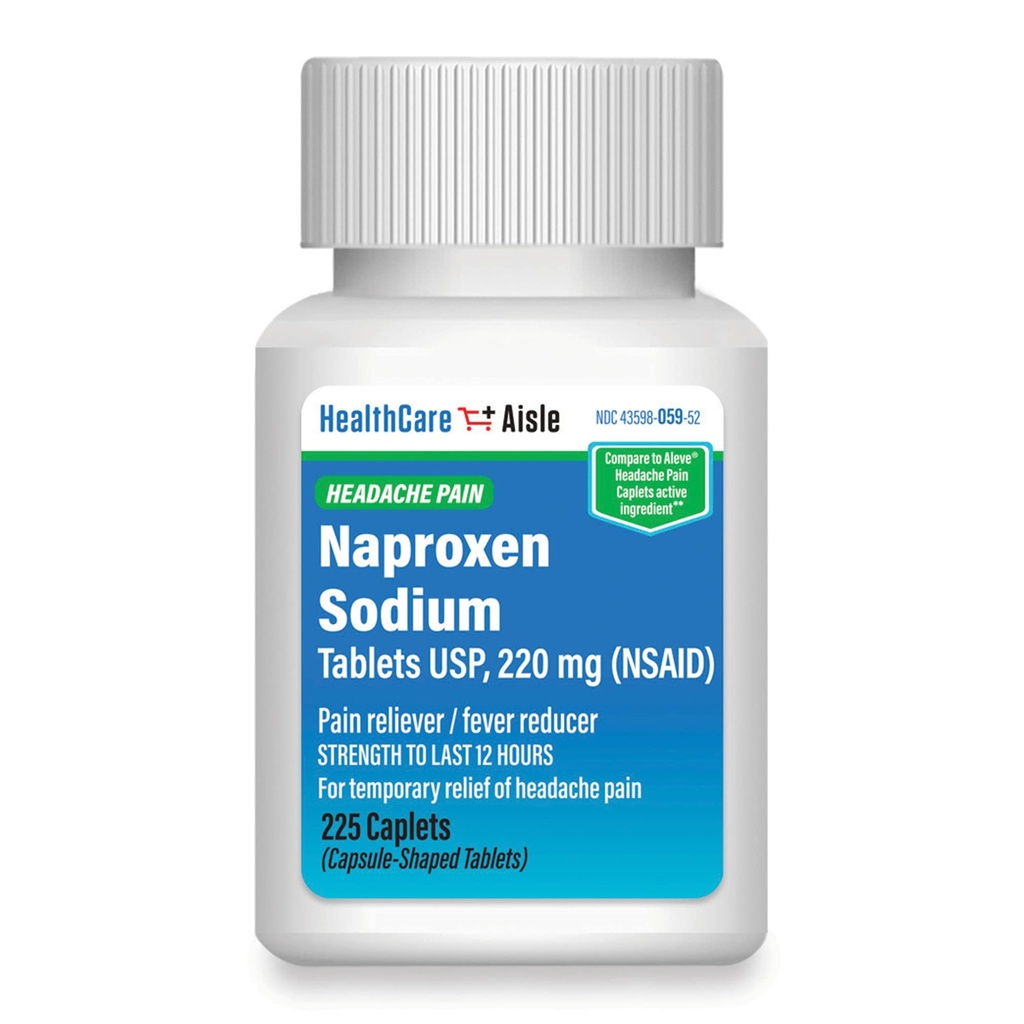 HealthCareAisle Naproxen Sodium, 220 mg - 225 caplet - Headache Pain Reliever, Sampai 12 Hours of Relief