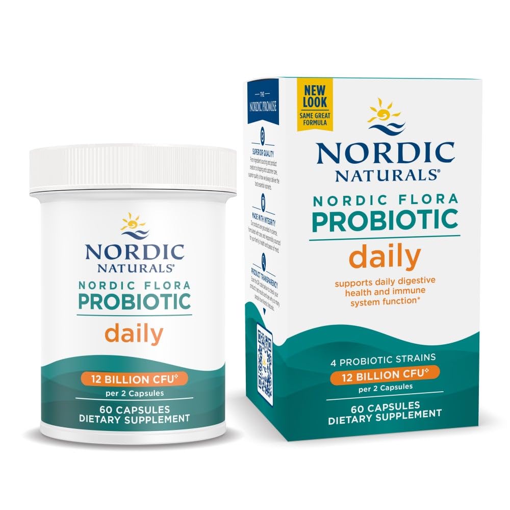 Nordic Nacials Nordic Flora Probiotic Daily - 60 Capsules - 4 Strains Probiotik dengan 12 Milyar Kebudayaan - Optimal Wellness, Dukungan Imune, Kesehatan Digetical - Non-GMO, Vegan - 30 Servings