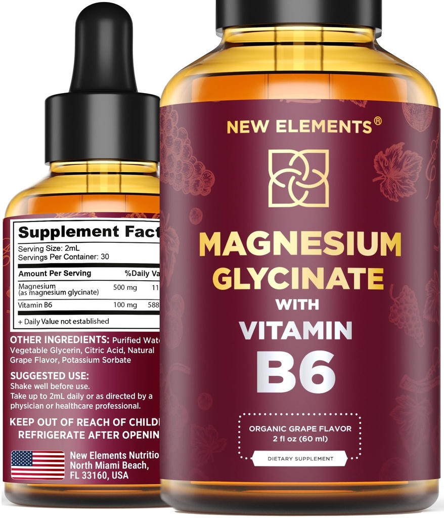 Liquid Magnesium Glycinate Drops with Vitamin B6 - Magnesium Suplemen 500mg & Vitamin B6 100mg 124; Non-GMO No Gluten 124; Stress Relief 124; Slesh & Relaxation 124; Muscle & Heart Support 124; Natural & Vegan