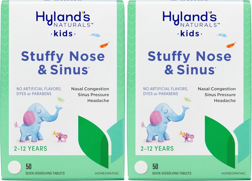 Anak-anak Hyland Stuffy Nose dan Sinus Tablet, Obat Dingin dan Alergy untuk Anak-anak Umur 2 dan atas, Bantuan Sakit Kepala dan Decongestan Nasal, Tableting Cepat, 50 Cacah (Paket 2)