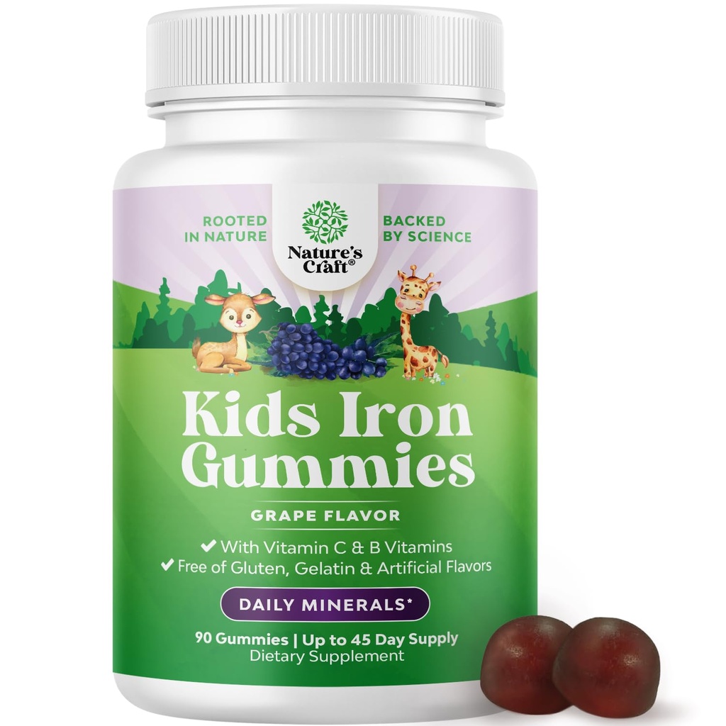 Anak-anak Iron Gummies - Persediaan Besi Pembangun Darah untuk Anak-anak dengan Lembut untuk Ketahanan dan Energi - Vitamin B12, Membusuk & Vitamin C Gummies - Vegan GMO & Gluten Bebas untuk Toddlers - 90 Cacah