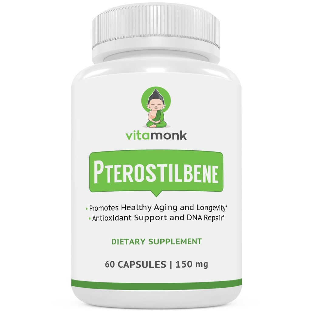 VitaMonk Pterostilbene 150mg Capsules No Artificial Fillers - Soy Free Trans- Pterostilbene Suplement which Promotes Healthy Aging and Longdeage - 60 Veggie- Caps - Improved Resveratrol
