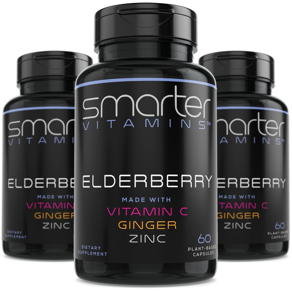 (3 Pack) Smarter Elderberry Capsules + Vitamin C + Ginger & Zinc, Herbal Supplement, powerful Black Elder Berry Extract Antioksidant Vitamin, 180 Vegan Pil