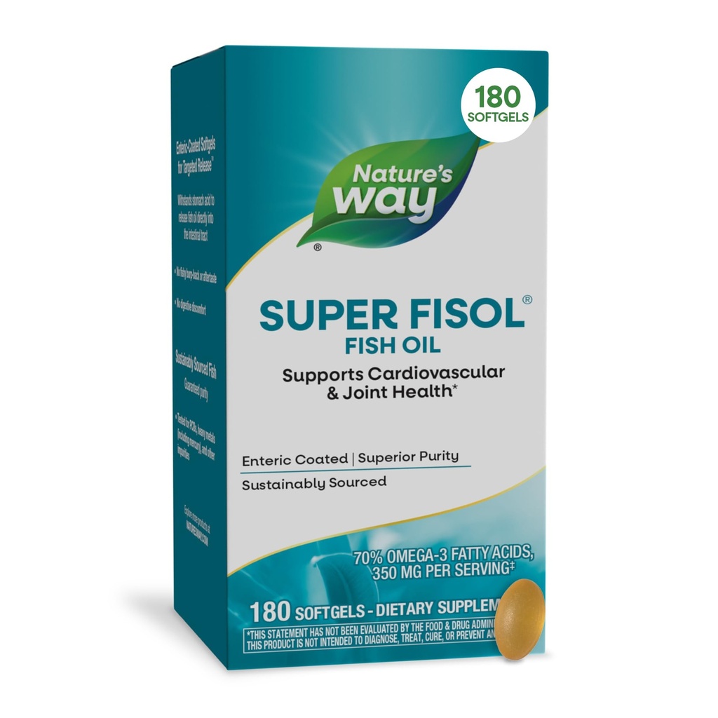 Nature 's Way Super Filiol Fish Oil, Entertaic Coated, Sufforts Cardiovaskular and Joint Health *, Mega Potency Omega- 3, 180 Softgeels (Packating May Vary)