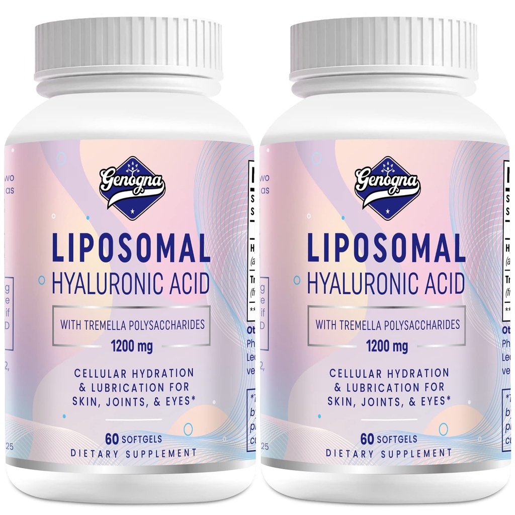 Liposomal Hyaluronic Acid Suplemen 1000mg- Tinggi Biovailable Dietary Hyaluronic Capsules - dengan 200 mg Tremella Polysaccudes untuk Hidration Kekuatan Ganda, Lubrikasi Gabungan, 2 Pack