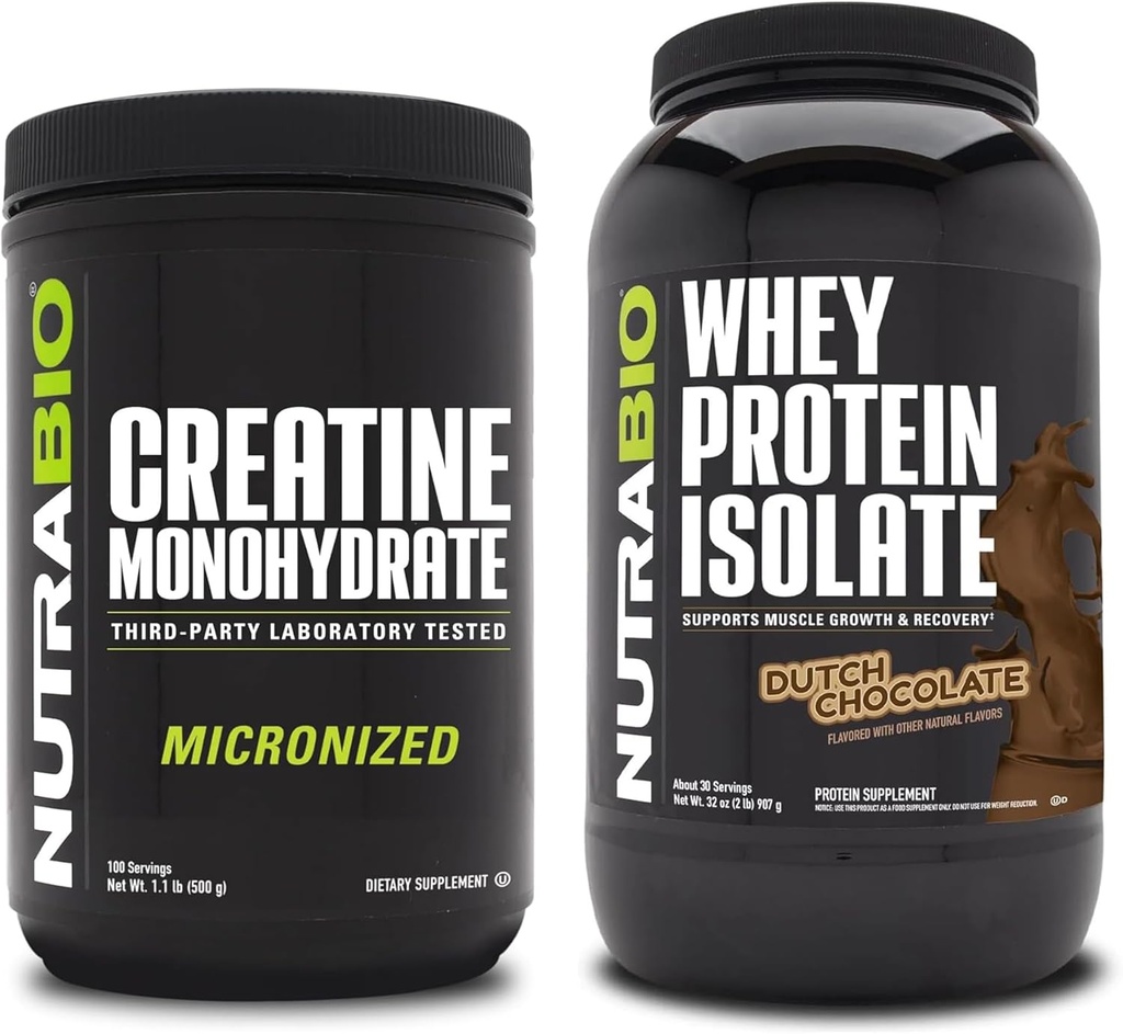 NutraBio Creatine Monohydrate, Unfeatored, 500g dan Whey Protein Isolate, Dutch Chocolate, Tambahan Bundle - Muscle Energy, Lean Muscle Growth, Recovery, and Power