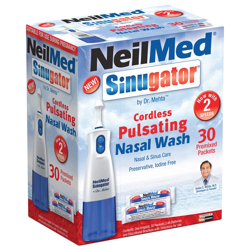 NeilMed Sinugator Cordless Pulsating Nasal Wash Kit dengan Satu Irrigator, 30 Paket Premixed dan 3 Baterai AA (Paket 1)
