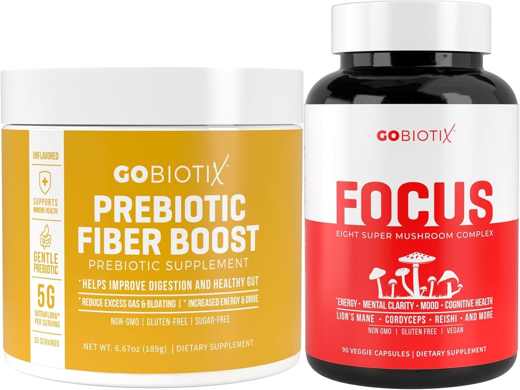 GOBIOTIX Brain & Gut Wellness Bundle: Kompleks Jamur Fokus 90 Capsules + Fiber Suplemen 35
