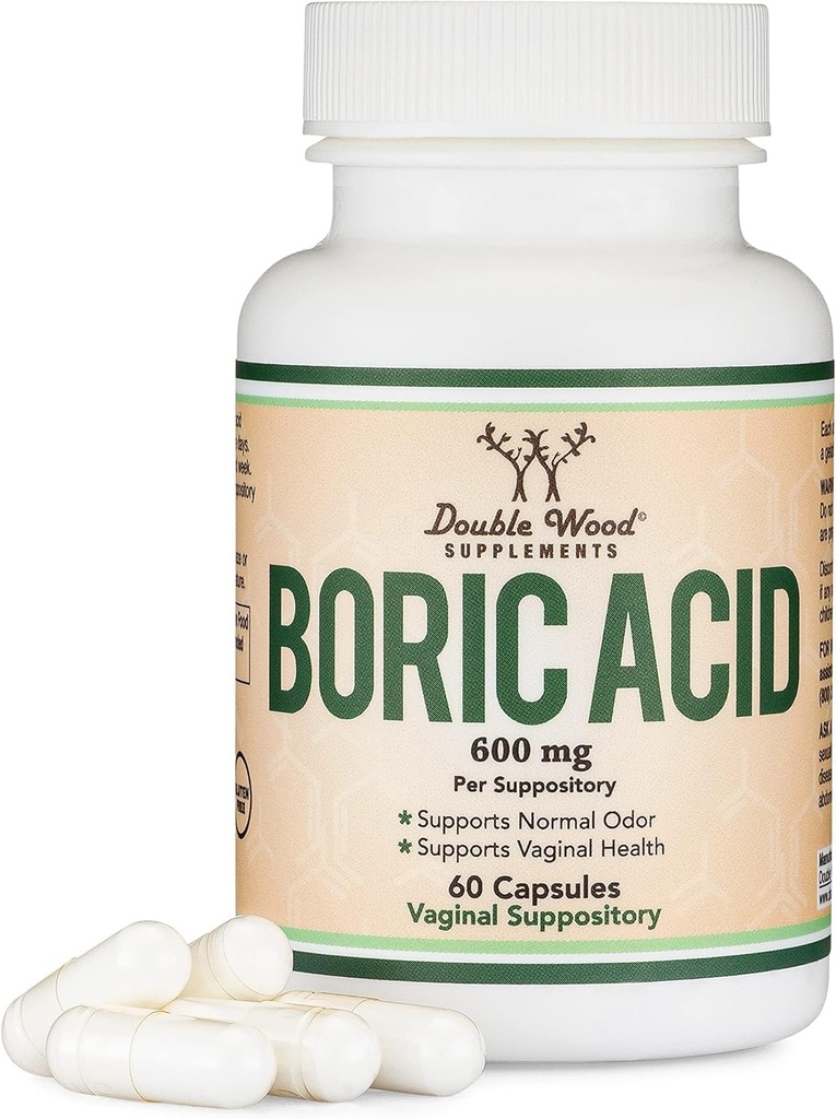 Tambahan Asam Boric (600mg Vaginal Suppotory, 60 Count) Mendukung keseimbangan PH Vaginal, Kendali Odor (USP Grade Fine Powder, Easy Dissolve, Third Party Tested) oleh Double Wood